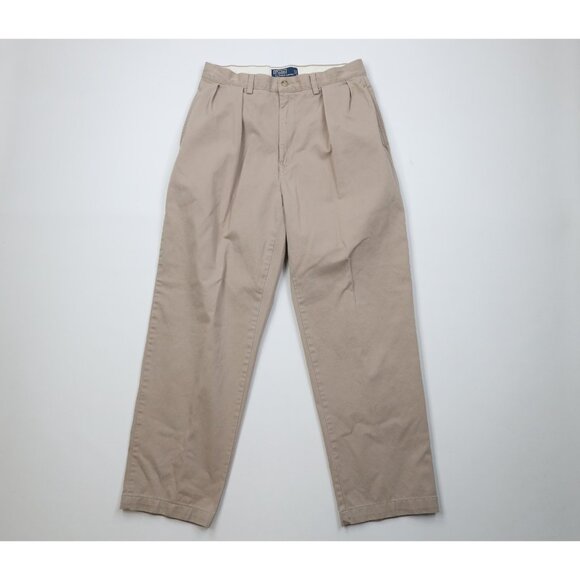 Vintage 90s Ralph Lauren Mens 32x30 Distressed Wide Leg Chino Pants Beige Cotton